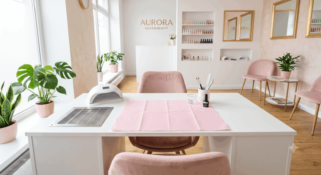 A hyper-realistic, high-quality photograph of a bright, modern, and perfectly clean manicure salon interior. A white manicure desk in the center, equipped with a professional dust collector and a UV LED nail lamp. On the desk, there is a neatly placed light pink disposable bib-foil underpad and a box of black nitrile gloves. Soft, diffused daylight coming from large windows. Minimalist aesthetic, sterile but welcoming environment, pastel colors with gold accents, 8k resolution, photorealistic, professional interior photography.