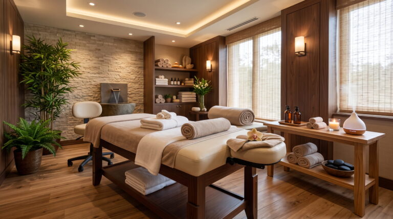 Salon masażu, stół do masażu.